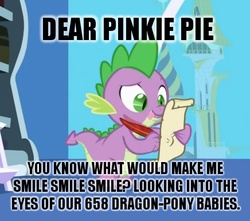 Size: 436x386 | Tagged: safe, edit, edited screencap, screencap, pinkie pie, spike, dragon, friendship is magic, g4, caption, letter, male, meme, quill, scroll, spike's love letters, tongue out, twilight's canterlot home, window