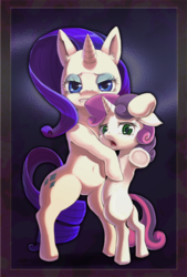 Size: 516x764 | Tagged: safe, artist:usappy-barkhaward, rarity, sweetie belle, pony, unicorn, g4, bipedal, duo, duo female, female, filly, foal, hug, mare, sisters