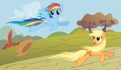 Size: 8000x4644 | Tagged: safe, artist:stabzor, applejack, rainbow dash, earth pony, pegasus, pony, g4, absurd resolution, duo, duo female, female, loose hair, mare, running