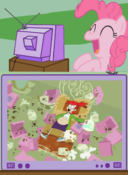 Size: 563x770 | Tagged: safe, pinkie pie, earth pony, pony, g4, belly button, clothes, cookie, exploitable meme, fat, foster's home for imaginary friends, frankie foster, laughing, male, meme, midriff, milk, skirt, tv meme