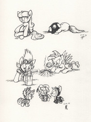 Size: 900x1203 | Tagged: safe, artist:carnifex, apple bloom, scootaloo, sweetie belle, oc, oc:strap, oc:velvet, g4, costume, cutie mark crusaders, elements of discord, monochrome, traditional art