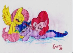 Size: 3501x2550 | Tagged: safe, artist:deihiru, fluttershy, pinkie pie, twilight sparkle, pony, unicorn, g4, blushing, female, fluttertwipie, lesbian, lying down, on side, ship:flutterpie, ship:twinkie, ship:twishy, shipping, sleeping, traditional art, unicorn twilight, wingboner