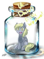 Size: 400x533 | Tagged: safe, artist:mylittlesheepy, derpy hooves, pegasus, pony, g4, bottle, colored pupils, dialogue, female, pony in a bottle, solo, trapped