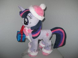 Size: 1024x768 | Tagged: safe, artist:greenteaplushies, twilight sparkle, pony, g4, boots, clothes, hat, irl, photo, plushie, present, scarf, solo