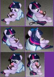 Size: 4752x6792 | Tagged: safe, artist:madponyscientist, twilight sparkle, pony, g4, absurd resolution, adorkable, book, bubblegum, customized toy, cute, dork, female, filly, glasses, irl, photo, pillow, sculpture, solo