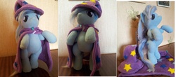 Size: 4000x1760 | Tagged: safe, artist:leelootaa, trixie, pony, unicorn, g4, cape, clothes, female, hat, irl, mare, photo, plushie, solo, trixie's cape, trixie's hat