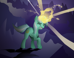 Size: 2576x2048 | Tagged: safe, artist:abductionfromabove, lyra heartstrings, pony, g4, cave, female, glowing horn, horn, magic, magic surge, solo, wince