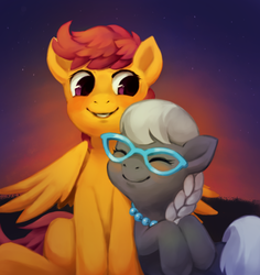 Size: 850x900 | Tagged: safe, artist:cuppae, scootaloo, silver spoon, g4, blushing, eyes closed, female, glasses, lesbian, proud, ship:spoonaloo, shipping, sitting, smiling, snuggling
