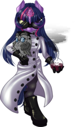 Size: 673x1137 | Tagged: safe, artist:kittehkatbar, owlowiscious, twilight sparkle, owl, anthro, unguligrade anthro, g4, animal, clothes, flask, goggles, hooves, lab coat, magic, science, simple background, transparent background