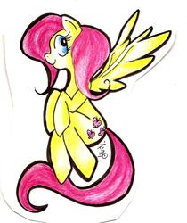 Size: 805x960 | Tagged: safe, artist:its-nekokko, fluttershy, pegasus, pony, g4, female, looking at you, mare, profile, sitting, smiling, solo, spread wings, traditional art, wings