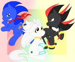 Size: 1500x1240 | Tagged: safe, artist:segamew, earth pony, pony, unicorn, :c, bracelet, clothes, frown, glare, grin, jewelry, lidded eyes, looking back, male, ponified, raised hoof, scarf, shadow the hedgehog, silver the hedgehog, sitting, smirk, sonic the hedgehog, sonic the hedgehog (series)