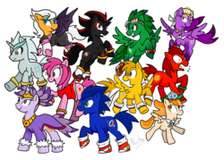 Size: 2100x1500 | Tagged: dead source, safe, artist:fuutachimaru, chao, pony, amy rose, blaze the cat, cheese chao, clothes, cream the rabbit, jet the hawk, knuckles the echidna, male, miles "tails" prower, ponified, rouge the bat, shadow the hedgehog, silver the hedgehog, simple background, sonic the hedgehog, sonic the hedgehog (series), transparent background, wave the swallow