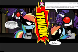 Size: 1280x853 | Tagged: safe, rainbow dash, rarity, pegasus, pony, unicorn, g4, askbatmareandrobinloo, batman, batmare, catmare, catwoman, duo, female, lesbian, mare, parody, pounce, ship:raridash, shipping, sneaking