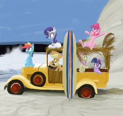 Size: 1071x1008 | Tagged: safe, artist:aliasforrent, applejack, fluttershy, pinkie pie, rainbow dash, rarity, twilight sparkle, g4, beach, car, mane six, sand, surfboard