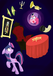 Size: 1320x1898 | Tagged: safe, artist:aliasforrent, discord, pinkie pie, twilight sparkle, pony, unicorn, g4, accordion, chair, crystal ball, cymbals, floating, madame leota, madame pinkie, musical instrument, table, the haunted mansion, trumpet, turban, unicorn twilight