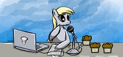 Size: 1920x894 | Tagged: safe, artist:freefox, derpy hooves, pegasus, pony, g4, female, interview, mare, microphone, muffin, q/a, solo