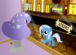Size: 1425x1043 | Tagged: safe, artist:gigasparkle, trixie, g4, blank flank, clothes, cute, diatrixes, female, filly, filly trixie, happy, hat, store, trixie's hat, younger