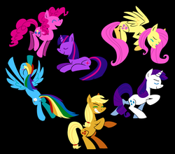 Size: 1000x880 | Tagged: safe, artist:fullofdoodles, applejack, fluttershy, pinkie pie, rainbow dash, rarity, twilight sparkle, earth pony, pegasus, pony, unicorn, g4, black background, female, mane six, mare, simple background, unicorn twilight