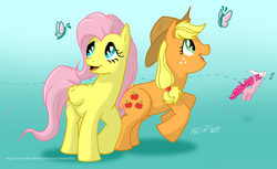 Size: 773x474 | Tagged: safe, artist:redadillio, applejack, fluttershy, pinkie pie, butterfly, earth pony, pegasus, pony, g4, cowboy hat, cutie mark, digital art, female, hat, mare, net, simple background, wings