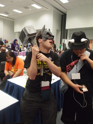 Size: 3024x4032 | Tagged: safe, artist:uc77, human, batman, cosplay, equestria la, irl, irl human, mjölnir, photo