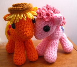 Size: 2514x2178 | Tagged: safe, artist:acrylicsheep, applejack, pinkie pie, pony, g4, amigurumi, crochet, hat, irl, photo, plushie