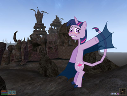 Size: 800x600 | Tagged: safe, twilight sparkle, daedra, pony, g4, blushing, crossover, female, hilarious in hindsight, morrowind, pun, scorpion tail, solo, the elder scrolls, transparent wings, winged twilight, wings