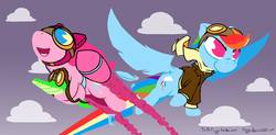 Size: 3428x1680 | Tagged: safe, artist:figgs, gummy, pinkie pie, rainbow dash, g4, bomber jacket, flying, goggles, jetpack