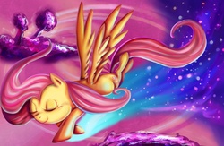 Size: 2000x1300 | Tagged: safe, artist:erovoid, fluttershy, pegasus, pony, g4, abstract background, eyes closed, female, flying, mare, night, smiling, solo, spread wings, sunset, wings