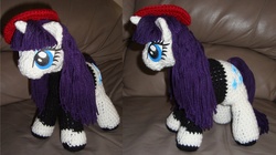 Size: 1091x612 | Tagged: safe, artist:onehitwonder, rarity, pony, g4, amigurumi, beatnik rarity, beret, clothes, crochet, hat, irl, photo, plushie, solo