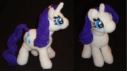 Size: 854x482 | Tagged: safe, artist:onehitwonder, rarity, pony, g4, amigurumi, crochet, irl, photo, plushie, solo