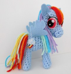 Size: 2599x2685 | Tagged: safe, artist:madamewario, rainbow dash, pegasus, pony, g4, amigurumi, crochet, female, irl, mare, photo, plushie, simple background, solo, white background