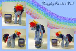 Size: 4470x2992 | Tagged: safe, artist:dragonrose36, rainbow dash, pegasus, pony, g4, abstract background, amigurumi, crochet, doll, female, irl, mare, mug, photo, plushie, solo, toy