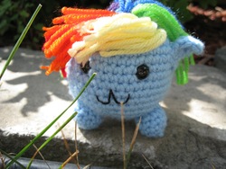 Size: 1824x1368 | Tagged: safe, artist:rtakeshi, rainbow dash, pony, g4, amigurumi, blob, crochet, irl, outdoors, photo, plushie, solo