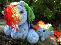 Size: 1824x1368 | Tagged: safe, artist:rtakeshi, rainbow dash, pony, g4, amigurumi, crochet, irl, outdoors, photo, plushie, self plushidox