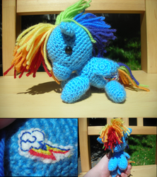 Size: 700x788 | Tagged: safe, artist:washichiisai, rainbow dash, pegasus, pony, g4, amigurumi, crochet, irl, multiple views, outdoors, photo, plushie, solo