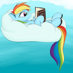 Size: 900x900 | Tagged: safe, artist:kas92, artist:sokolas, rainbow dash, pegasus, pony, g4, book, cloud, female, glasses, mare, on a cloud, rainbow dork, reading, solo, unshorn fetlocks