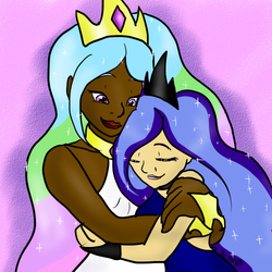 Size: 500x500 | Tagged: safe, artist:nikki-nicole-p, princess celestia, princess luna, human, g4, dark skin, hug, humanized, sisters