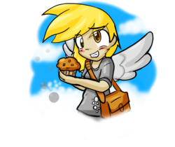 Size: 903x758 | Tagged: safe, artist:zutcha, derpy hooves, human, g4, clothes, humanized, muffin, shirt, shoulder bag, solo, t-shirt, winged humanization
