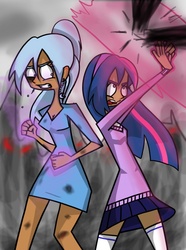 Size: 648x872 | Tagged: safe, artist:nastya-nafigasskaya, trixie, twilight sparkle, human, g4, dark skin, humanized