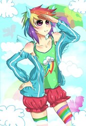 Size: 512x750 | Tagged: safe, artist:imara000, rainbow dash, human, g4, cloud, cloudy, eared humanization, female, humanized, solo, winged humanization