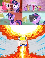 Size: 2880x3756 | Tagged: safe, pinkie pie, twilight sparkle, g4, bucket, comic, comic sans, explosion, homestuck, sweet bro and hella jeff