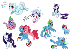 Size: 1294x918 | Tagged: safe, artist:c-puff, pinkie pie, rainbow dash, rarity, spike, oc, g4, butterfly wings, female, laughing, lesbian, on back, shampoo, ship:pinkiedash, shipping, wet, wet mane, wet mane rarity