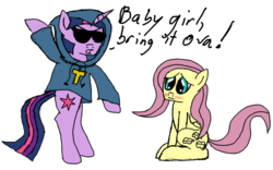 Size: 724x452 | Tagged: safe, fluttershy, twilight sparkle, pony, unicorn, semi-anthro, g4, :3, bipedal, blushing, clothes, female, glare, hoodie, lesbian, lidded eyes, mare, open mouth, ship:twishy, shipping, simple background, sitting, smiling, sunglasses, text, transparent background, unicorn twilight