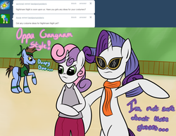 Size: 1276x992 | Tagged: safe, rarity, sweetie belle, oc, g4, ask, gangnam style