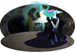 Size: 2000x1424 | Tagged: safe, artist:inlucidreverie, nightmare moon, princess celestia, g4, earth, moon, simple background, space, stars, transparent background