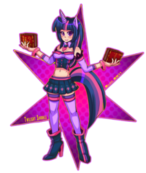 Size: 800x945 | Tagged: safe, artist:bluc, twilight sparkle, human, g4, belly button, book, clothes, eared humanization, female, horn, horned humanization, humanized, midriff, simple background, skirt, solo, stars, stockings, tailed humanization