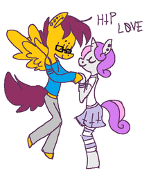 Size: 500x573 | Tagged: safe, scootaloo, sweetie belle, anthro, g4, female, glasses, hipster, lesbian, older, ship:scootabelle, shipping