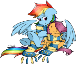Size: 807x679 | Tagged: safe, artist:secret-pony, rainbow dash, scootaloo, g4, clothes, scarf, scootalove, shared clothing, shared scarf, simple background, transparent background