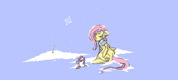 Size: 1000x450 | Tagged: safe, artist:ratchatter, angel bunny, fluttershy, g4, clothes, scarf, snow, snowfall