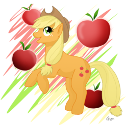 Size: 765x775 | Tagged: safe, artist:limera, applejack, earth pony, pony, g4, apple, female, food, rearing, solo